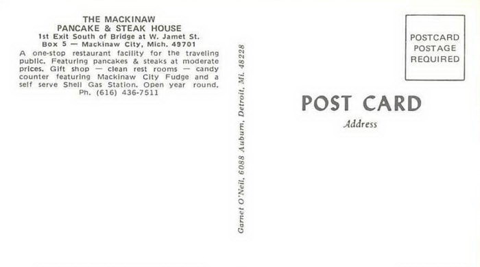 Mackinaw Pancake and Steak House - Old Postcard (newer photo)